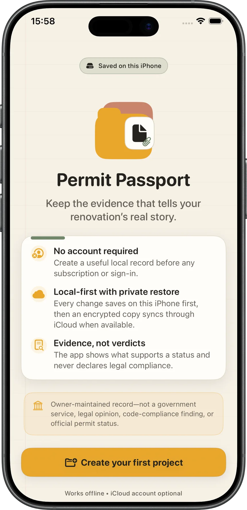 Permit Passport private record welcome screen in an official iPhone frame