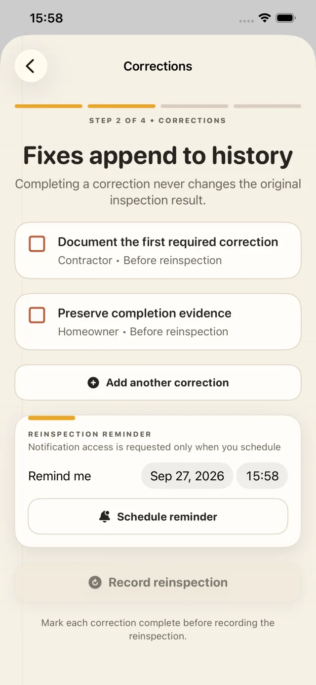 Corrections appended to an inspection history