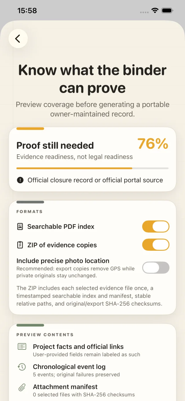 Evidence readiness review before export